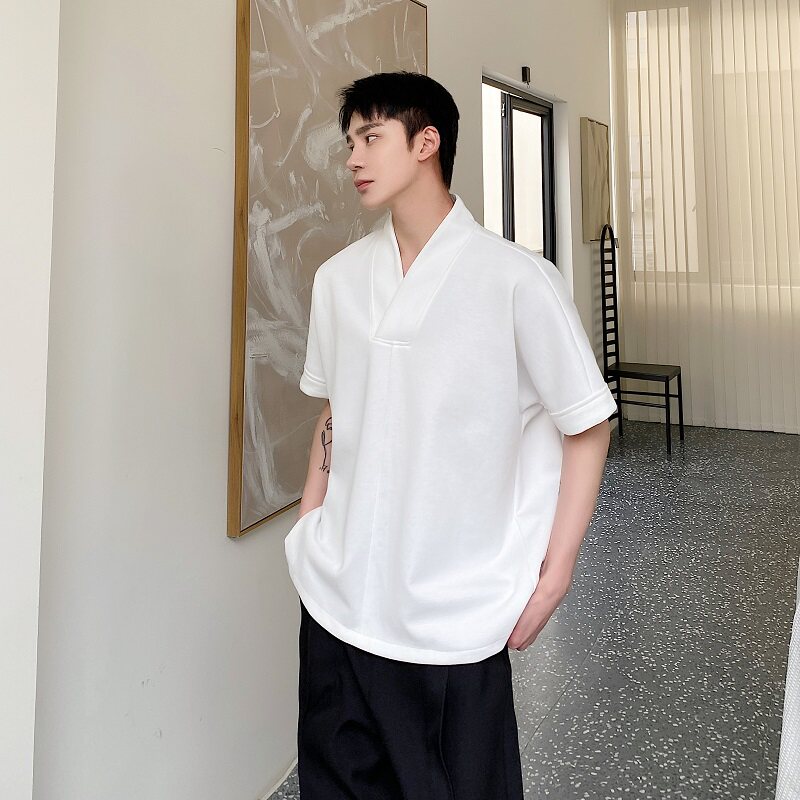 夏季改良中式V领套头男休闲半袖T恤潮流纯色韩版短袖上衣9745P70,男装T恤,电商A246