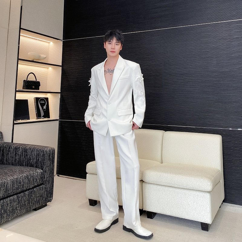 高定立体刺绣花西服长裤套装个性透纱男婚纱礼服5242P285360,男装西服,电商A246