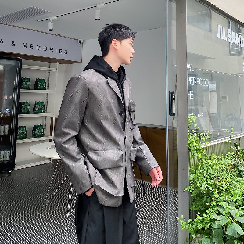 原创设计多口袋立体西服领皮质宽松百搭痞帅绅士外套5197-P160,男装西服,电商A246