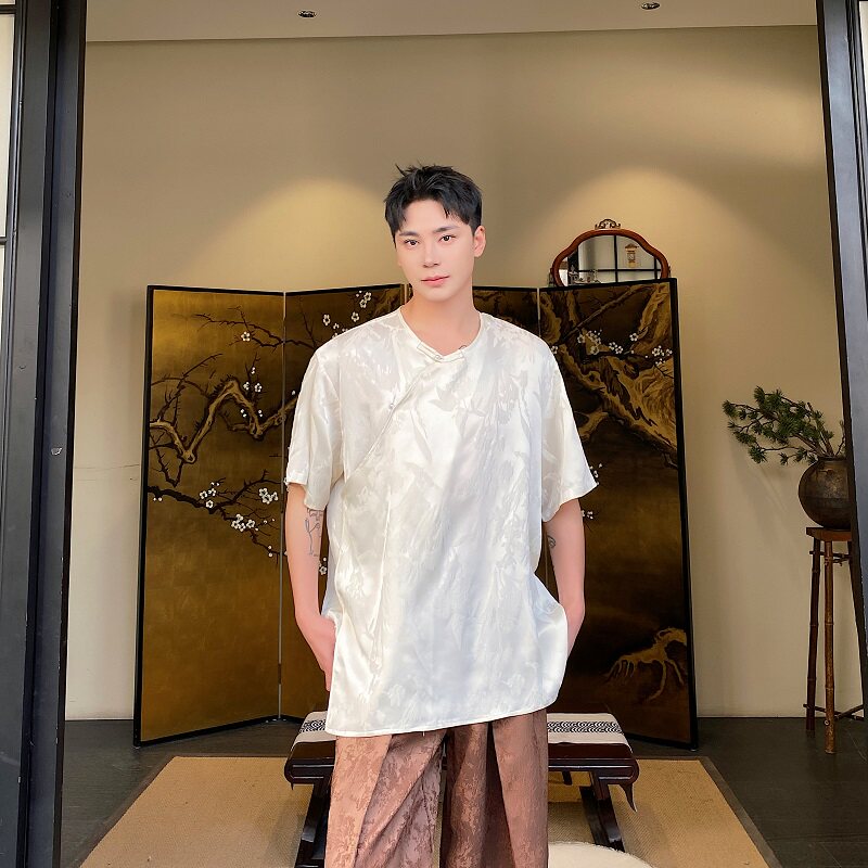 夏季新中式缎面提花盘扣圆领短袖男女衬衣复古风衬衫6817P85图片
