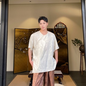 夏季新中式缎面提花盘扣圆领短袖男女衬衣复古风衬衫6817P85图片