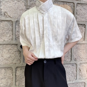 夏季改良中式提花缎面立领短袖男女衬衣复古百褶休闲衬衫3512P90图片