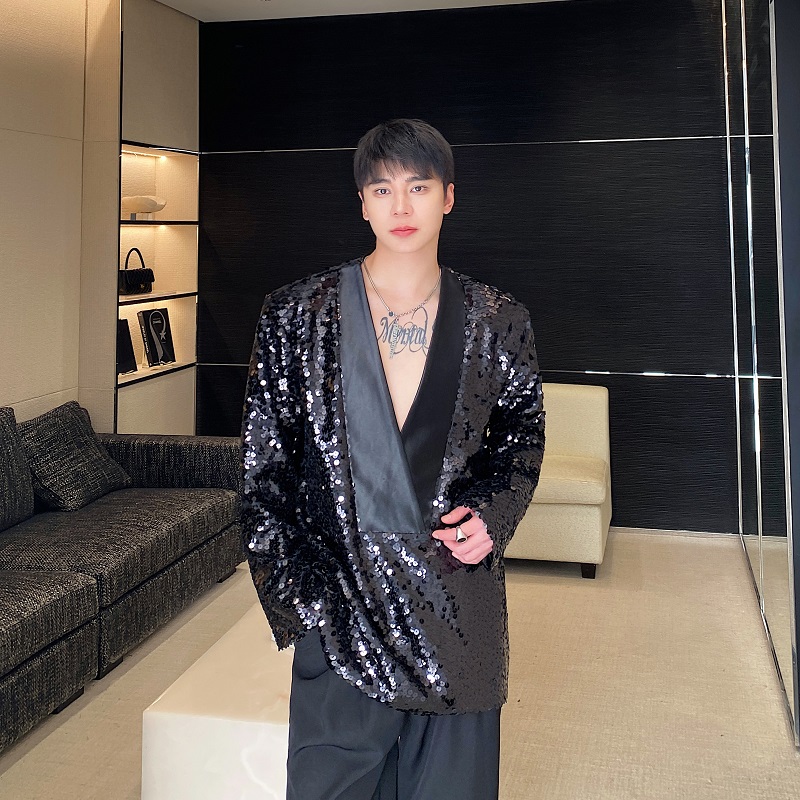 秋冬立体亮片缎面拼接套头V领西服外套潮流舞台演出服5243P175，男装西服，电商A246