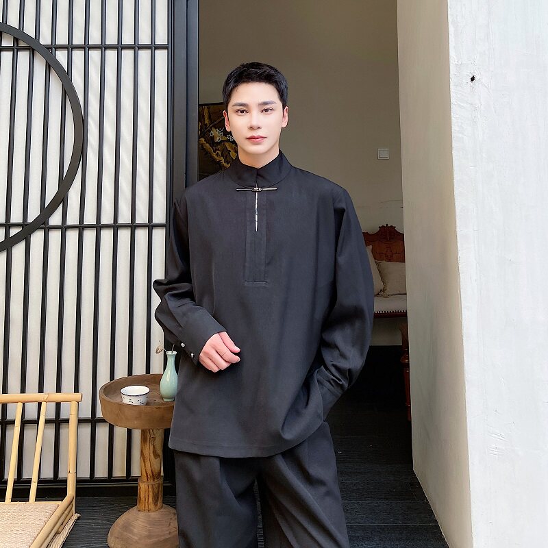 新款新中式立领金属扣设计长袖衬衣男潮流复古衬衫5169-P90,男装衬衫,电商A246
