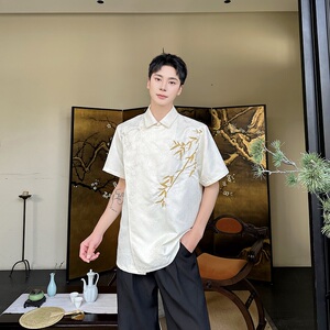 夏季新中式提花绣竹翻领盘扣短袖男女衬衣复古风衬衫5259P100图片