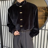 潮流新中式丝绒金属盘扣立领长袖男女衬衣禅意风衬衫5221P105，男装衬衫，电商A246