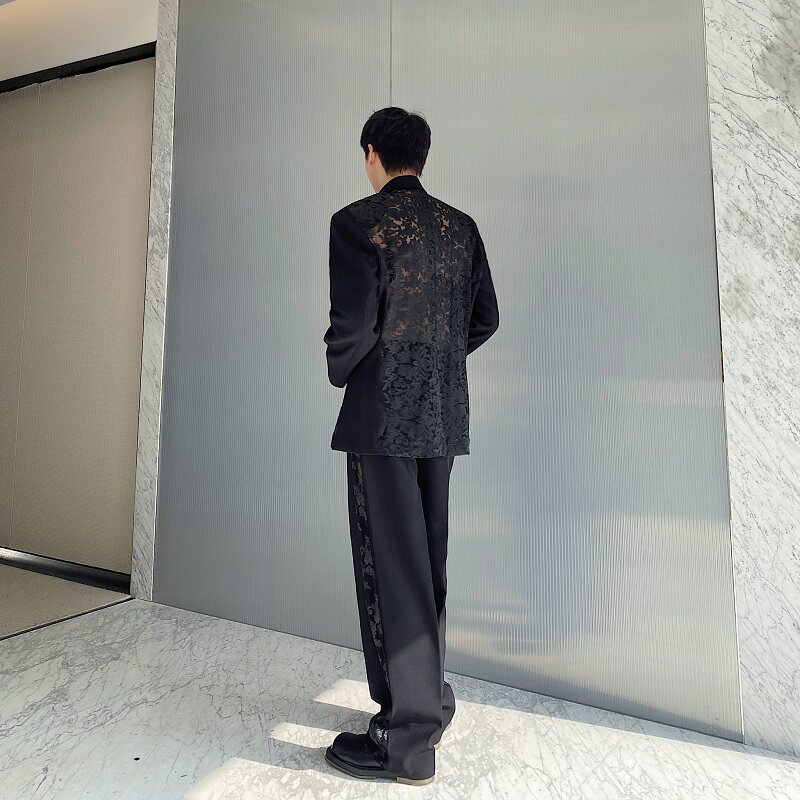 春夏个性提花透纱西服直筒长裤套装潮流雅痞礼服两件套3559P275,男装西服,电商A246