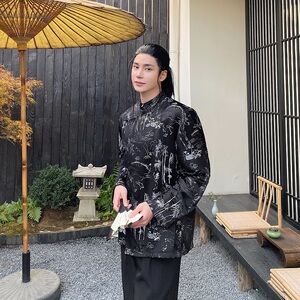 春季新中式锦缎提花立领盘扣长袖男女衬衣复古禅意衬衫2640P110图片