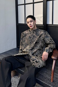 春季新款立体提花中式立领盘扣长袖男女衬衣复古风衬衫5215P105图片