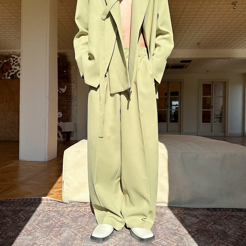 春季新款西服套装小众双领绑带设计西服阔腿休闲直筒长裤6831P245,男装休闲套装,电商A246