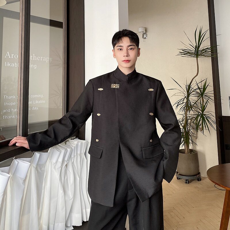 秋冬新中式立领金属扣西服个性立体纹理复古衬衣风外套3523P145,男装西服,电商A246