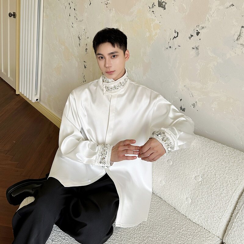 高定手工水钻珠片重工立领缎面长袖衬衣轻奢潮流2651P155185,男装衬衫,电商A246