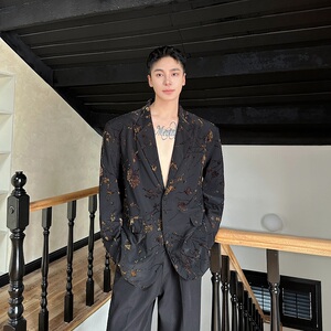 秋季简约复古植绒提花休闲男女西服外套个性宽松上衣6829P140图片