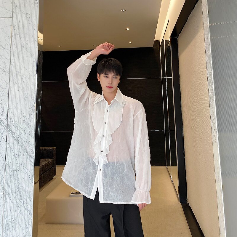 春夏个性压褶花边翻领长袖男女衬衣潮流痞帅薄纱防晒衬衫5235P85,男装防晒衣,电商A246