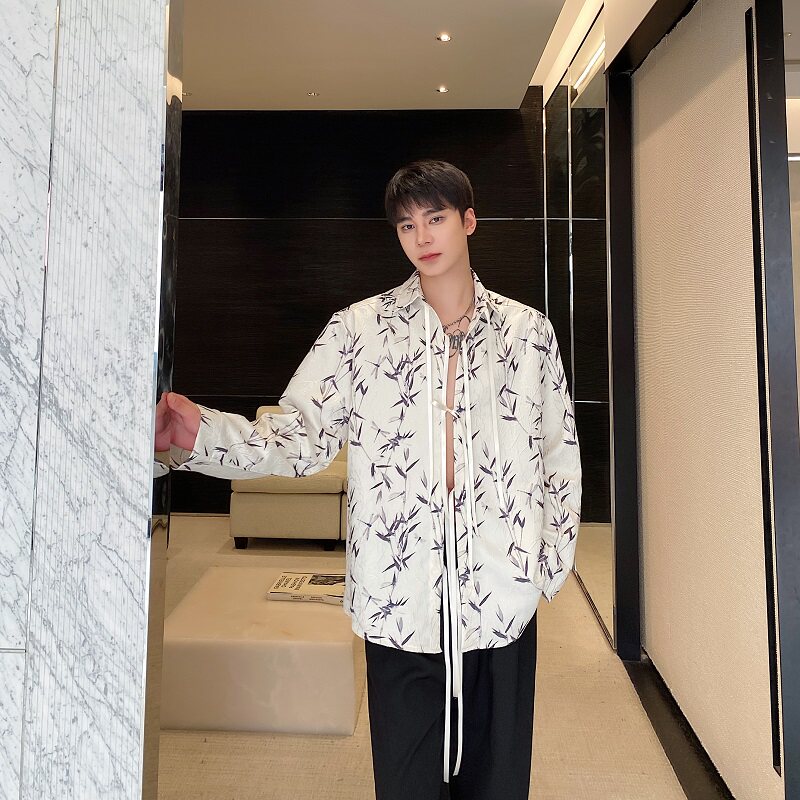 春季新中式水墨竹提花翻领长袖男女衬衣风禅意系带设计3556P95图片