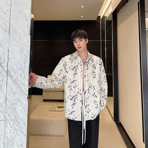 春季新中式水墨竹提花翻领长袖男女衬衣风禅意系带设计3556P95图片