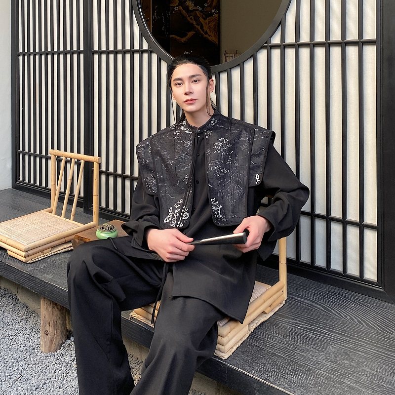 春季新中式复古提花披肩假两件立领长袖男女衬衣风衬衫2642P125，男装衬衫，电商A246