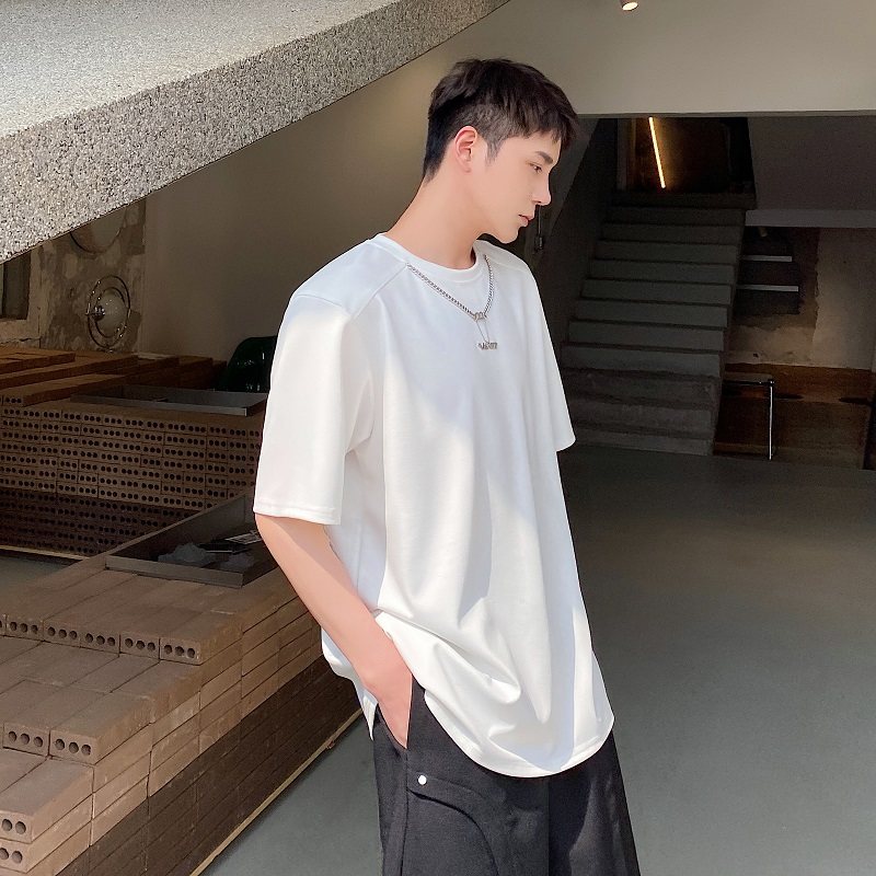 夏季原创金属链条设计针织圆领短袖男T恤时髦简约百搭上衣3627P65图片