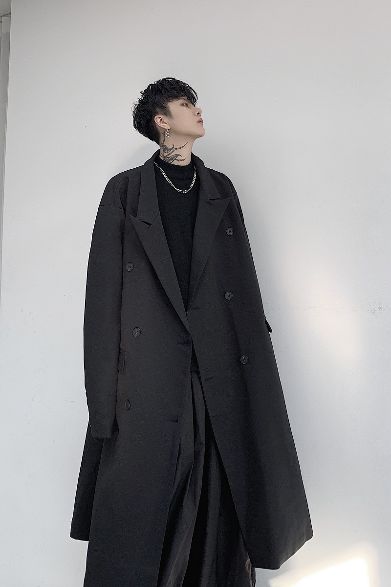 暗黑先锋小众个性不对称西服领加长风衣A261-9079-P145,男装风衣,电商A246