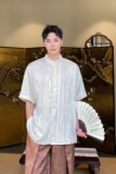 夏新中式缎面提花立领短袖男女衬衣复古风流苏压襟设计6816P95，男装T恤，电商A246