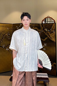 夏新中式缎面提花立领短袖男女衬衣复古风流苏压襟设计6816P95图片