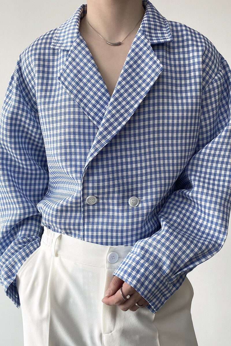 春夏简约高级感浅蓝色格纹西服领长袖男衬衣韩版潮流衬衫3617P80,男装西服,电商A246