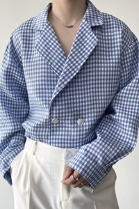 春夏简约高级感浅蓝色格纹西服领长袖男衬衣韩版潮流衬衫3617P80图片