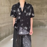夏季中式禅意墨竹绑带设计男女短袖衬衣风汉服衬衫9775P75，男装衬衫，电商A246