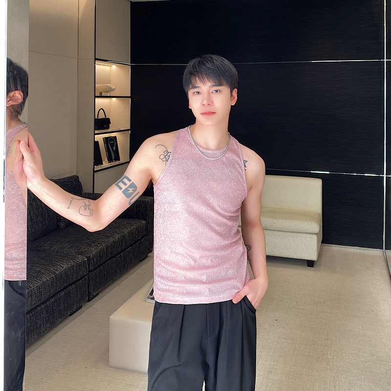 夏季个性亮粉潮流圆领背心修身痞帅舞台装无袖坎肩5248P60，男装背心/马甲，电商A246