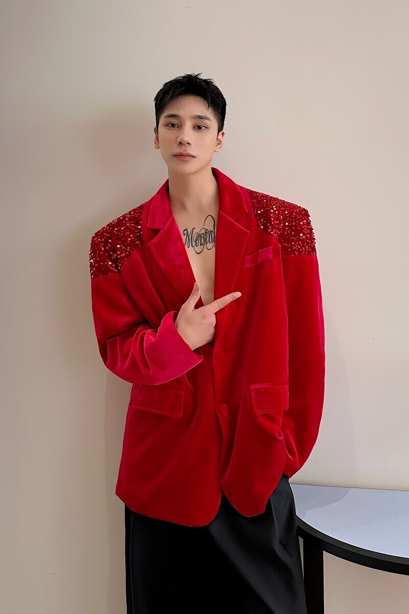 潮流轻奢丝绒亮片拼接红色西服外套气质宴会舞台礼服5280P145,男装西服,电商A246