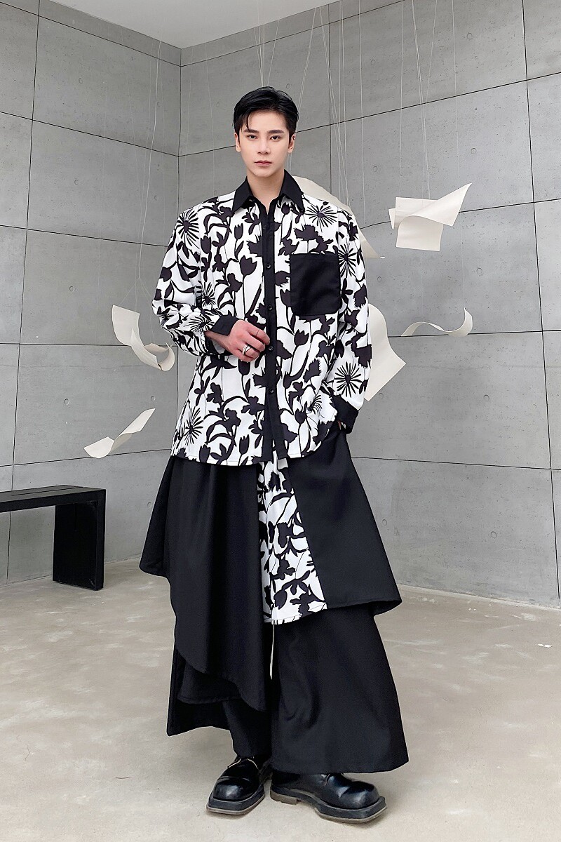潮流山本暗黑系个性黑白花卉翻领长袖男女衬衣小众冷淡风2524P80,男装衬衫,电商A246