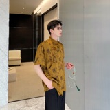夏季中式缎面墨竹印花盘扣立领短袖男女衬衣风禅意衬衫9767P95，男装T恤，电商A246
