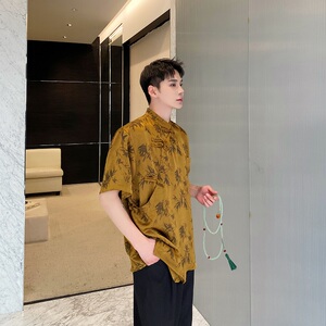 夏季中式缎面墨竹印花盘扣立领短袖男女衬衣风禅意衬衫9767P95图片