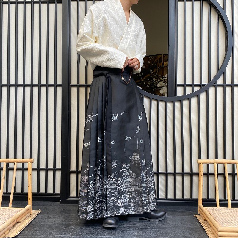 潮流缎面提花中式马面裙复古男女汉服A字百褶长裙2637P115,男装民族服装,电商A246