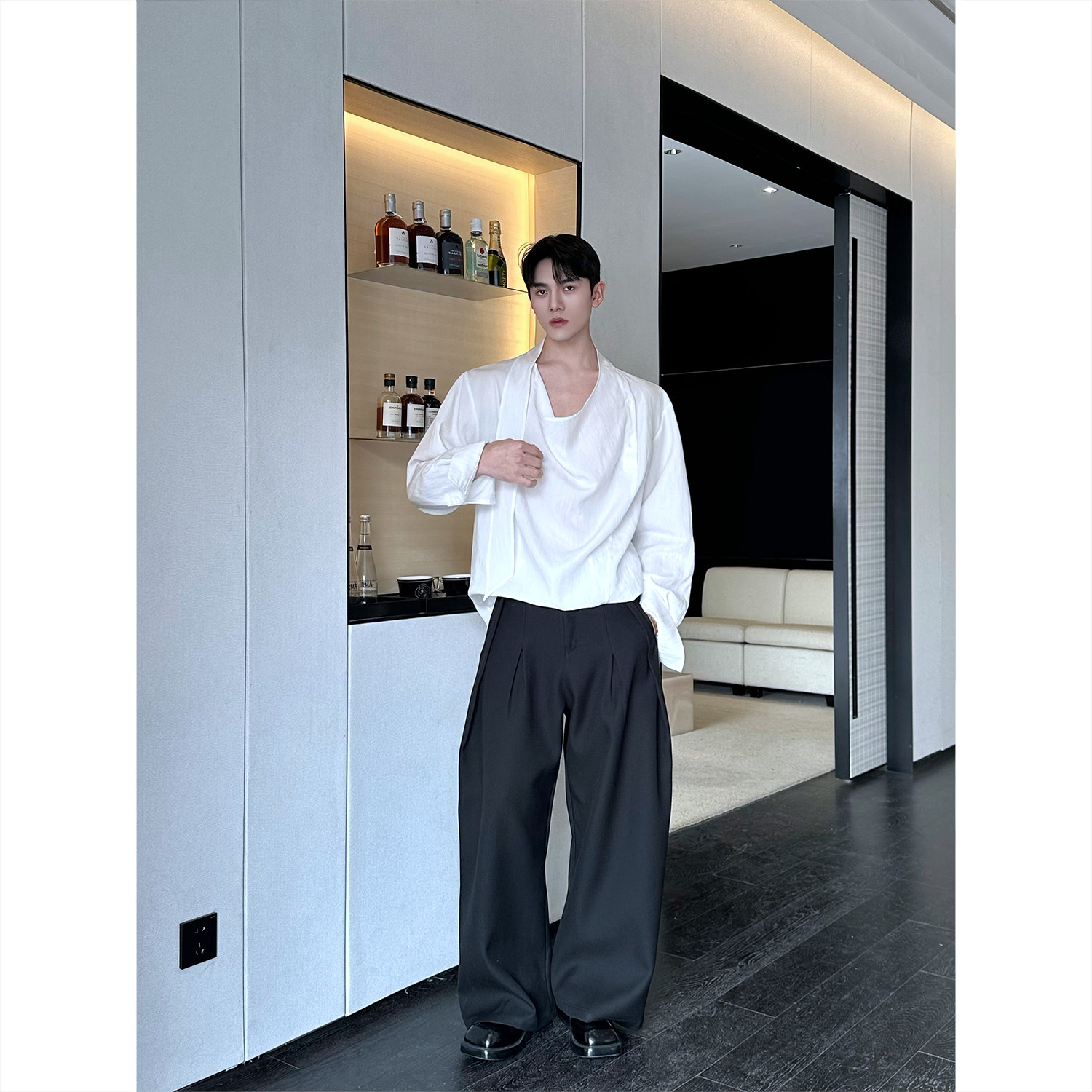 26春季套头飘带宽松亚麻复古休闲衬衣5303P85,男装衬衫,电商A246