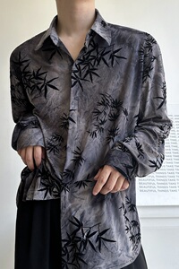 秋季复古植绒提花翻领长袖男女休闲衬衣简约冷淡风衬衫5265P95图片