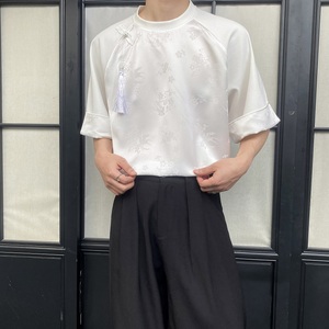 夏季新中式缎面提花拼接圆领短袖男女T恤复古风上衣9769P85图片