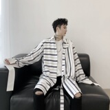 原创暗黑小众拼接条纹长款飘带气质长袖衬衣6805-P85，男装衬衫，电商A246
