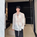 春夏新款欧根纱绣花翻领系带长袖男女衬衣个性潮流衬衫3566P95，男装衬衫，电商A246