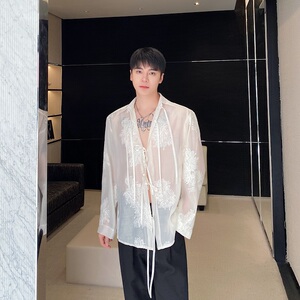 春夏新款欧根纱绣花翻领系带长袖男女衬衣个性潮流衬衫3566P95图片