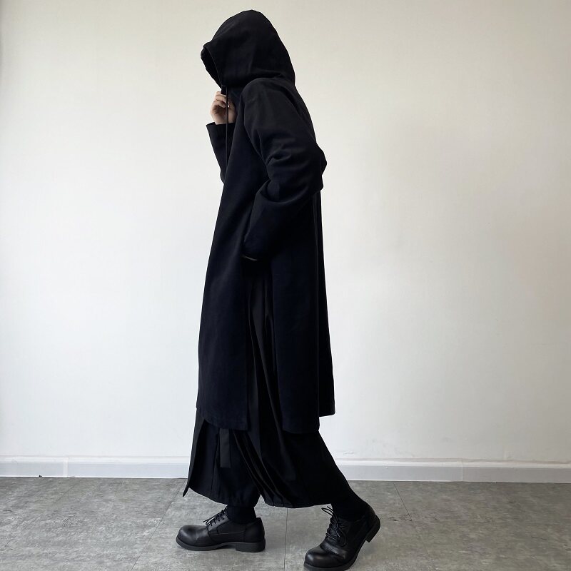 秋冬暗黑连帽长款开衩套头男女小众设计款风衣2431P125,男装风衣,电商A246