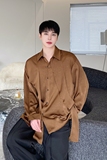 春季不规则飘带设计款翻领长袖男女衬衣复古缎面褶皱衬衫3541P100，男装衬衫，电商A246