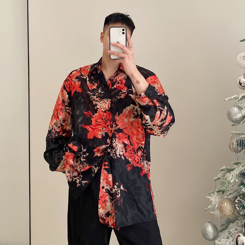 早春轻奢个性翻领花衬衣潮流垂感轻薄款韩版男长袖衬衫5051P80，男装衬衫，电商A246