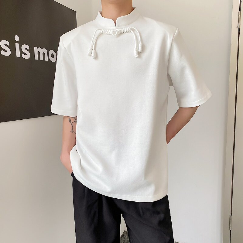 夏季改良中式立领盘扣垫肩设计男女针织短袖潮流雅痞半袖5164P70图片