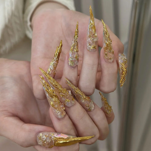 陈都灵同款美甲穿戴甲纯手工轻奢宫廷彩钻鎏金线条显白