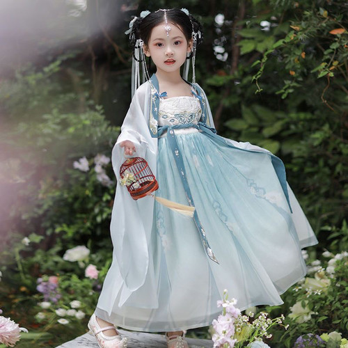 清仓汉服女童秋款古风超仙古装中国风唐装女孩两件套装女宝连衣裙