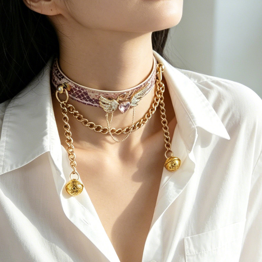 SMILE MAGIC蛇纹牛皮项圈贝母puppy女颈带K9脖圈定制choker