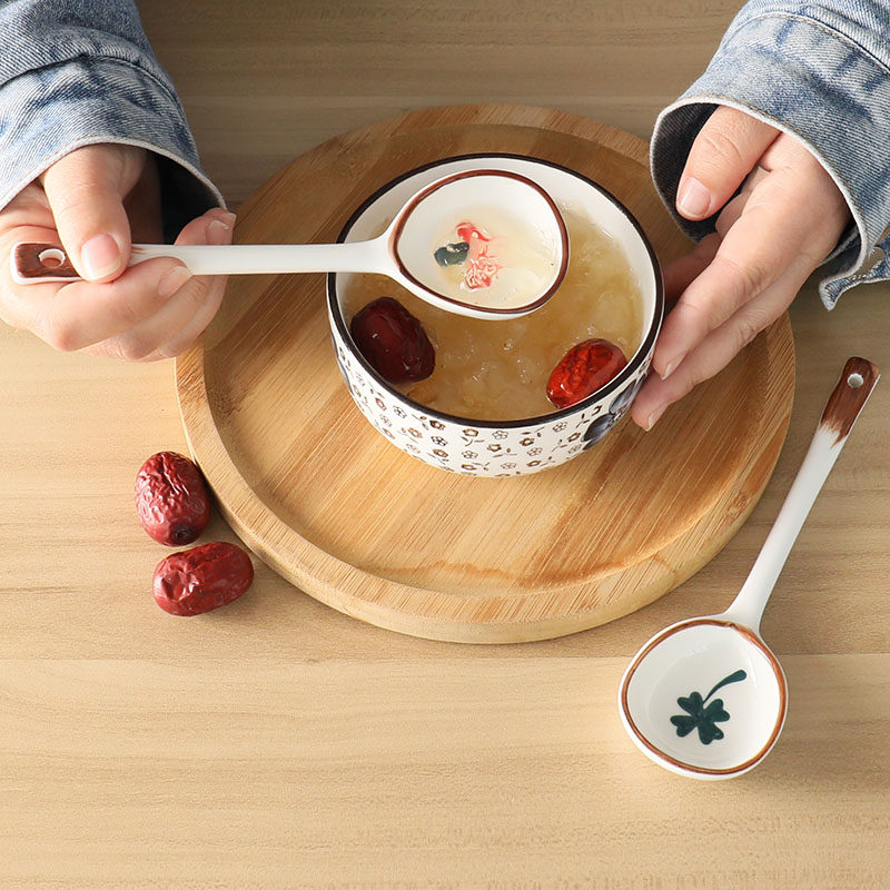 长柄陶瓷勺子家用小汤勺日式高颜值喝汤专用圆头盛汤舀可爱甜品勺
