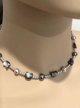 倪妮同款施家大溪地珍珠猫咪项链锁骨链百搭气质时尚颈链时髦纯银