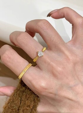 中古金色拉丝小方钻星芒戒指女复